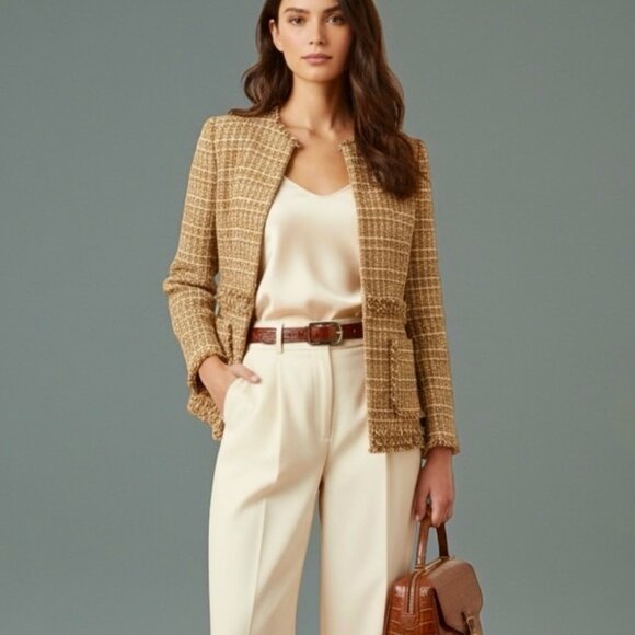 Brooks Brothers Tweed Blazer Sz 6 Tan Fringe Trim Career Old Money Office Work - Picture 14 of 14